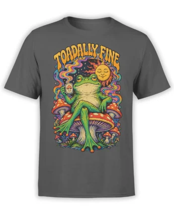 Totally Fine frog graphic on a gray T-shirt with mushrooms, a smiling moon, stars, and psychedelic colors