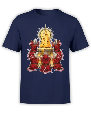 Red-robed mice worship a glowing cheese shrine on a navy mouse graphic T-shirt