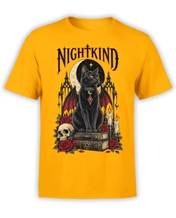 Gothic black cat T-shirt in orange with moon, roses, candles, skull, books, and NIGHTKIND lettering