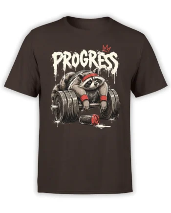 Brown T-shirt with a determined raccoon lifting a barbell beneath bold PROGRESS lettering