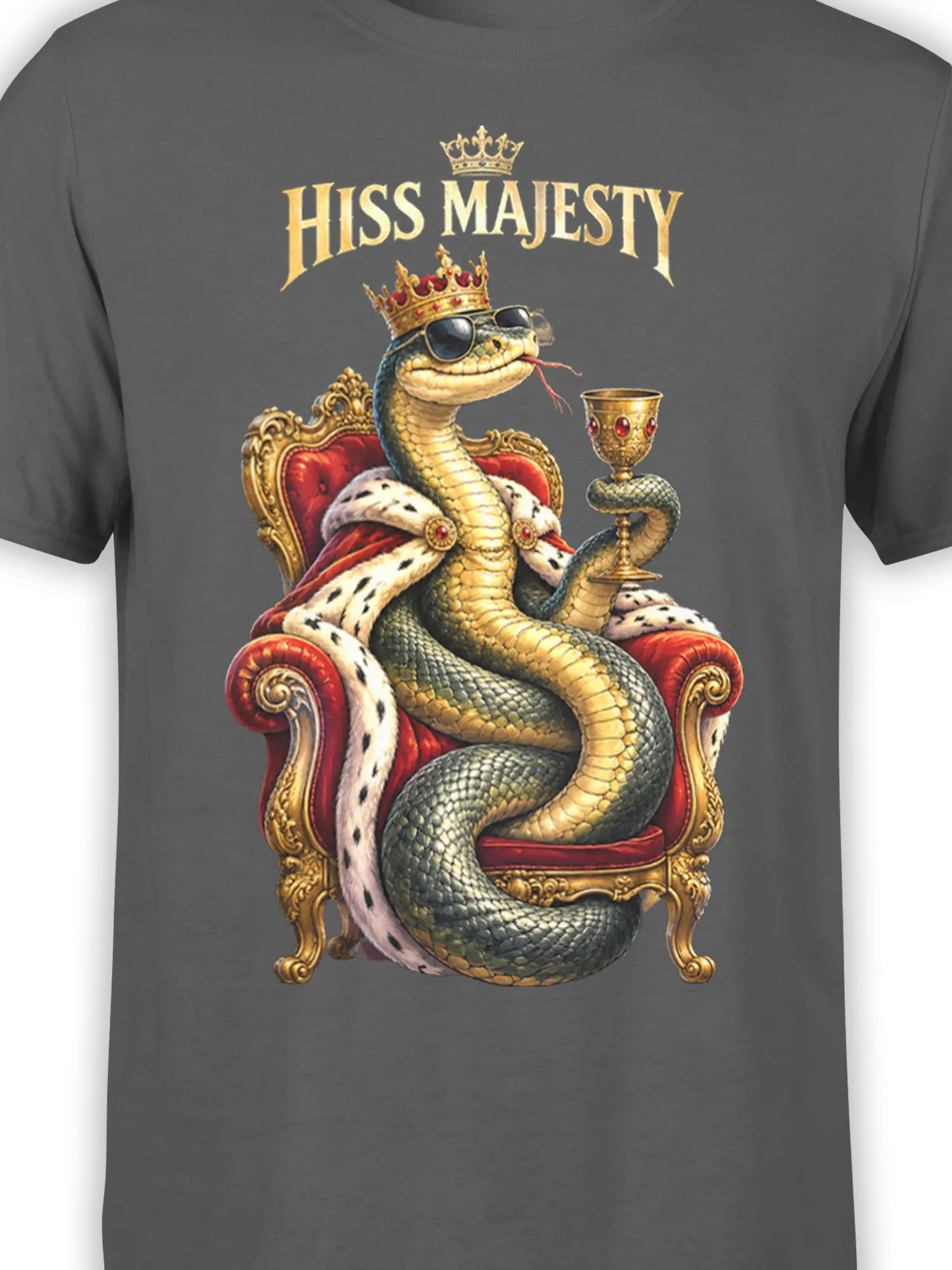 Close-up of crowned snake artwork with sunglasses, royal robe, throne, goblet, and “HISS MAJESTY” lettering on gray fabric