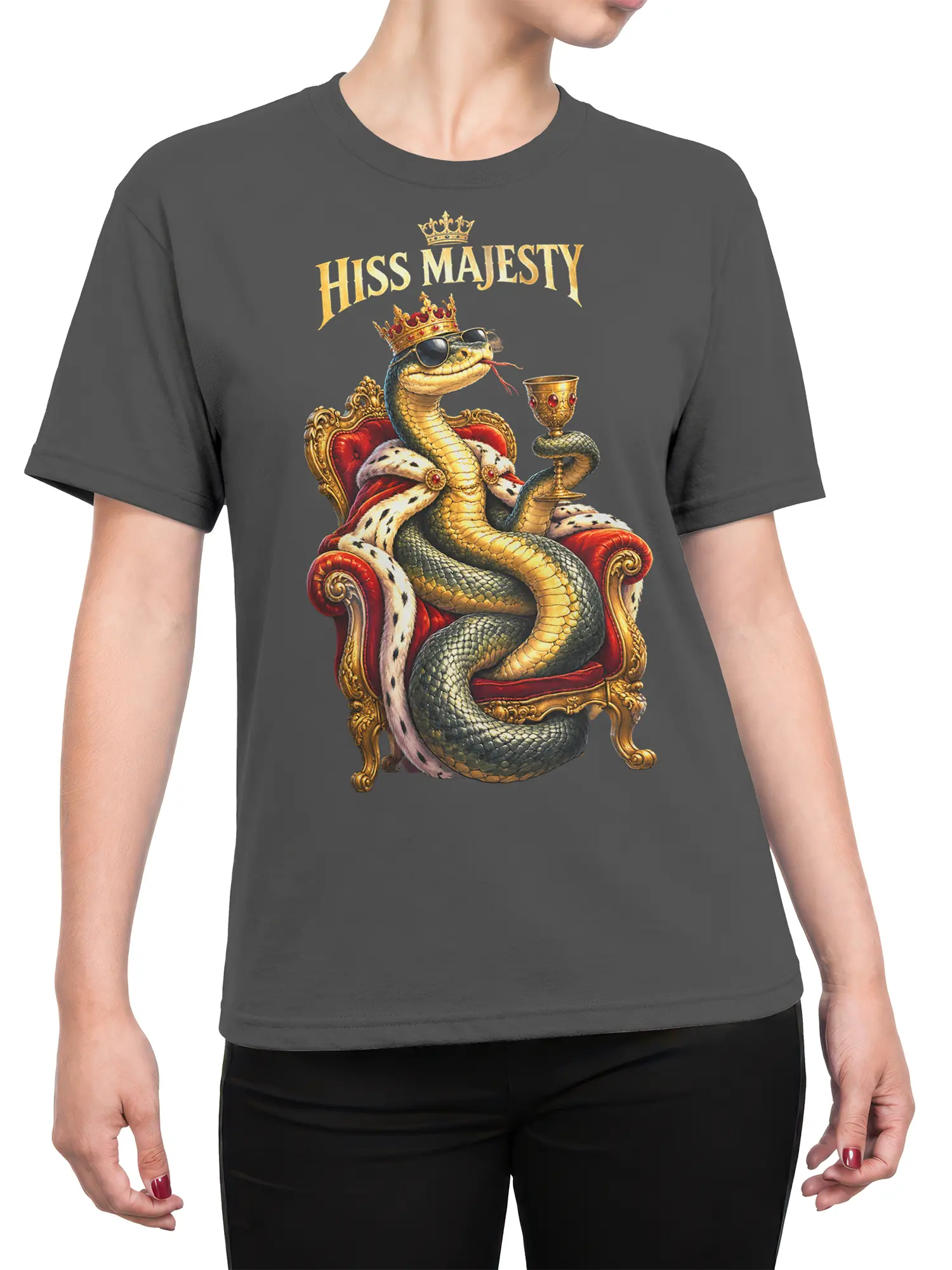 Female torso wearing a gray shirt with a crowned snake, red throne, goblet, and “HISS MAJESTY” graphic