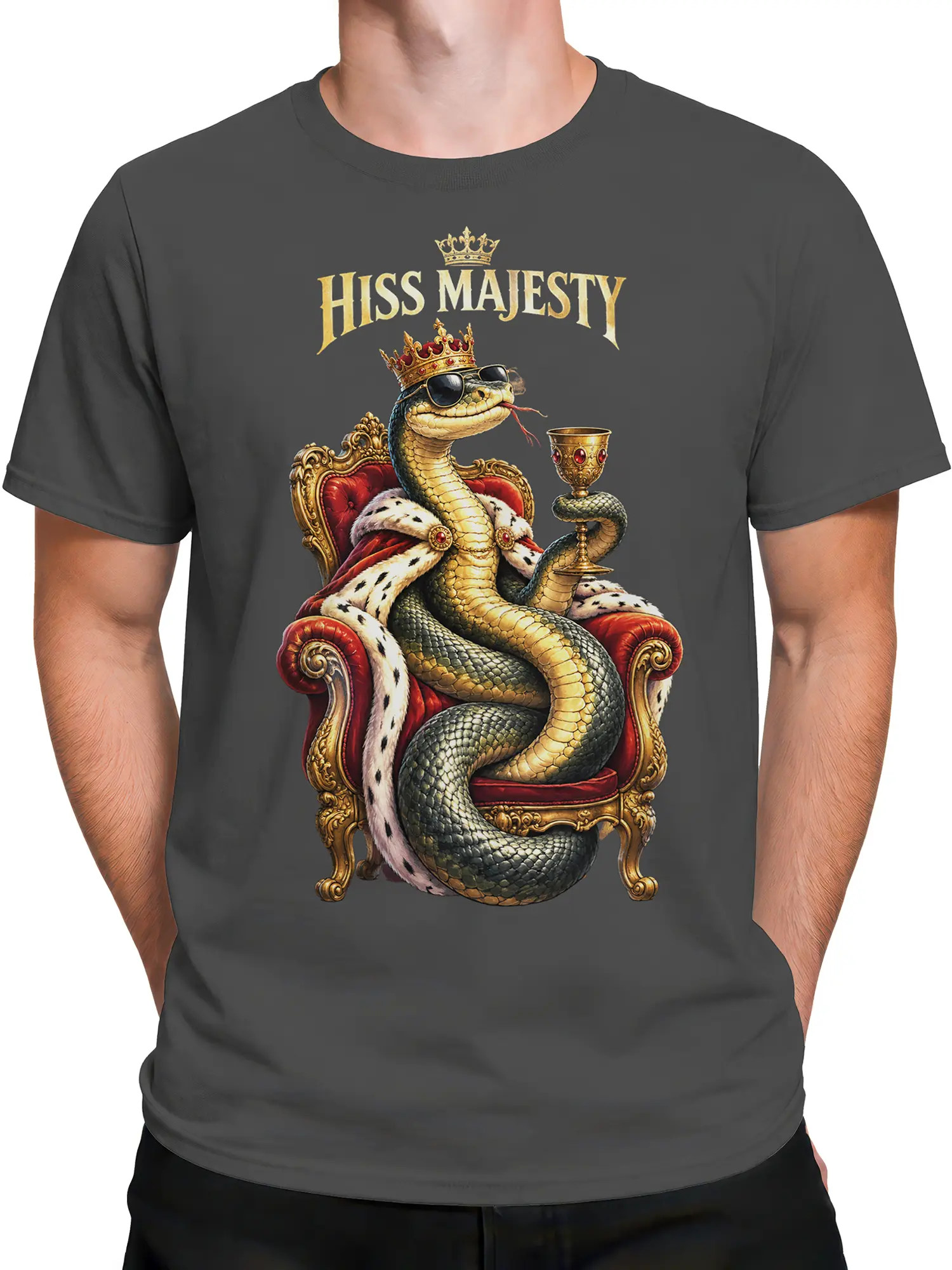 Male torso wearing a gray shirt with a crowned snake seated on a throne and holding a royal goblet
