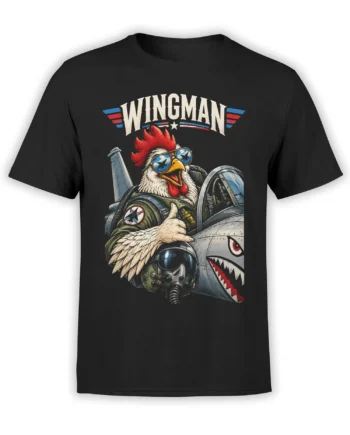 Black T-shirt with a white rooster pilot, aviator sunglasses, fighter plane cockpit, and Wingman graphic