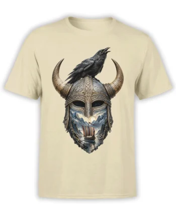 Beige Viking t-shirt featuring a black raven on a horned helmet above a longship in a mountain fjord