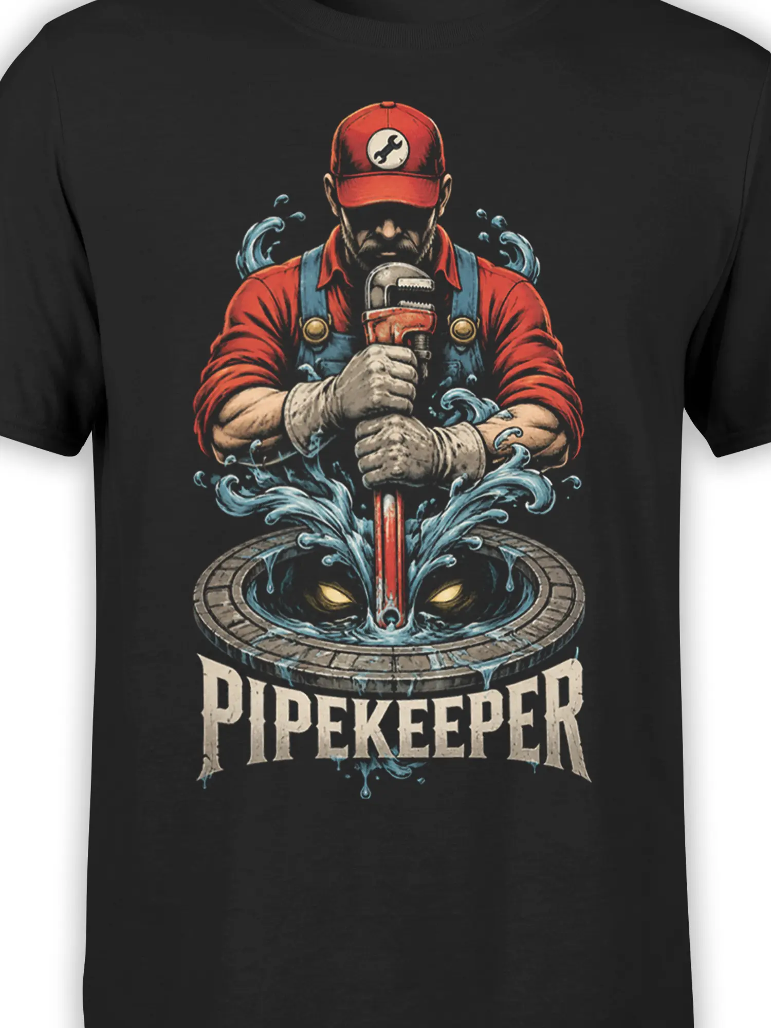 Close-up of Pipekeeper plumber artwork with red cap, wrench, blue water, and sewer creature on black