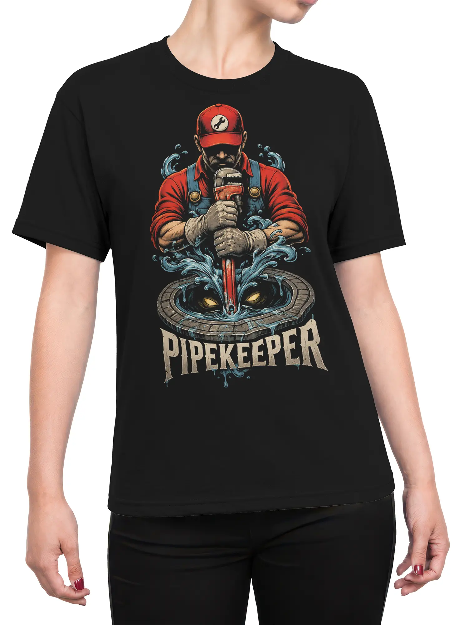 Female torso wearing black Pipekeeper plumber shirt with wrench, water, and dark sewer creature artwork
