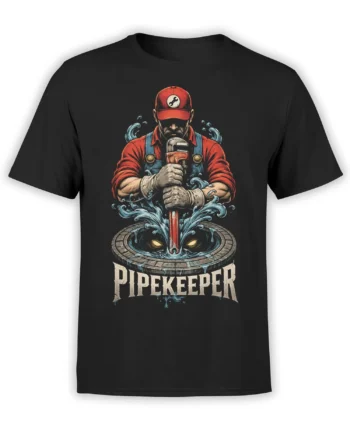 Pipekeeper plumber graphic on black shirt with wrench, rushing water, and glowing-eyed sewer creature