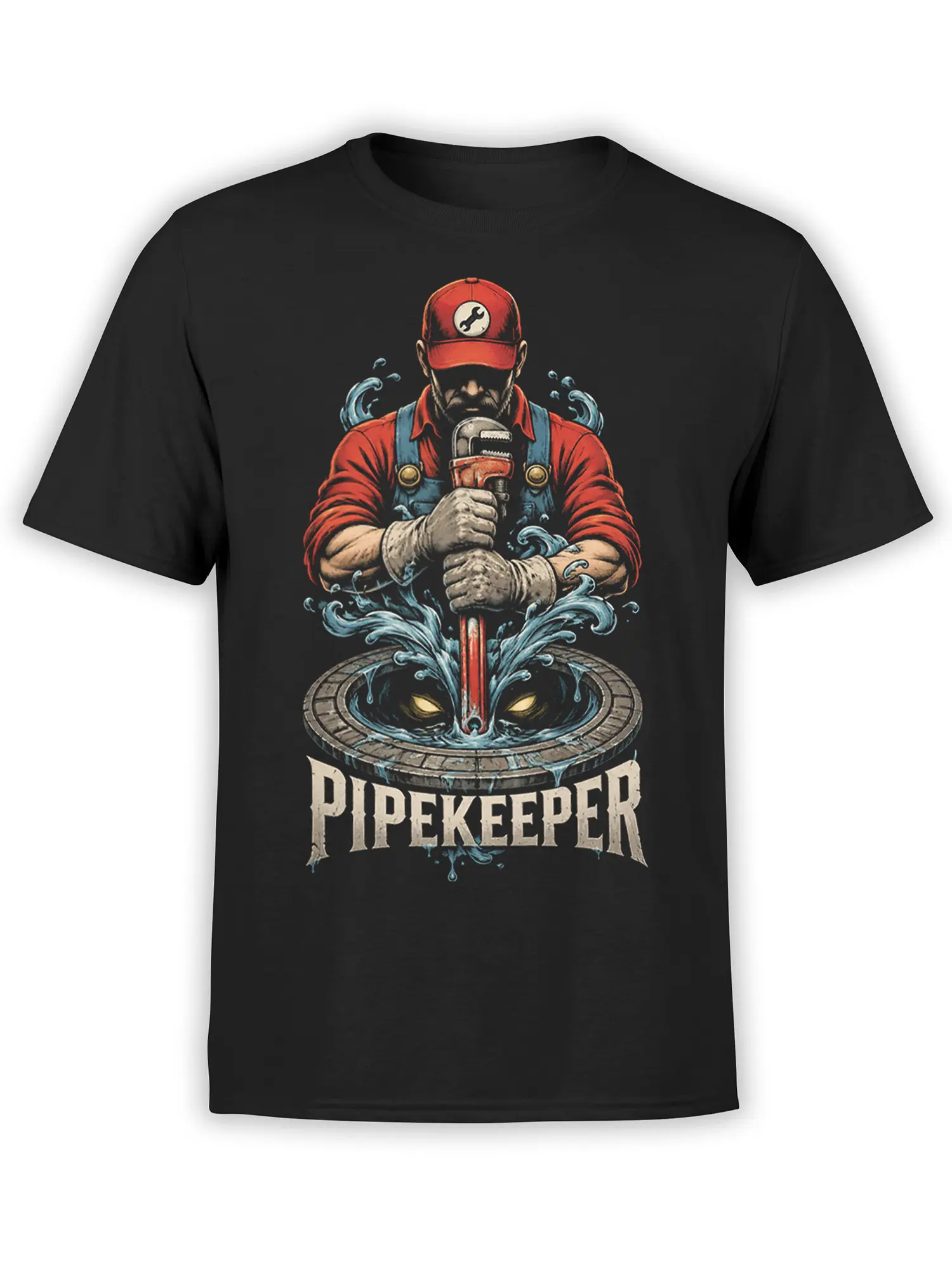 Pipekeeper plumber graphic on black shirt with wrench, rushing water, and glowing-eyed sewer creature