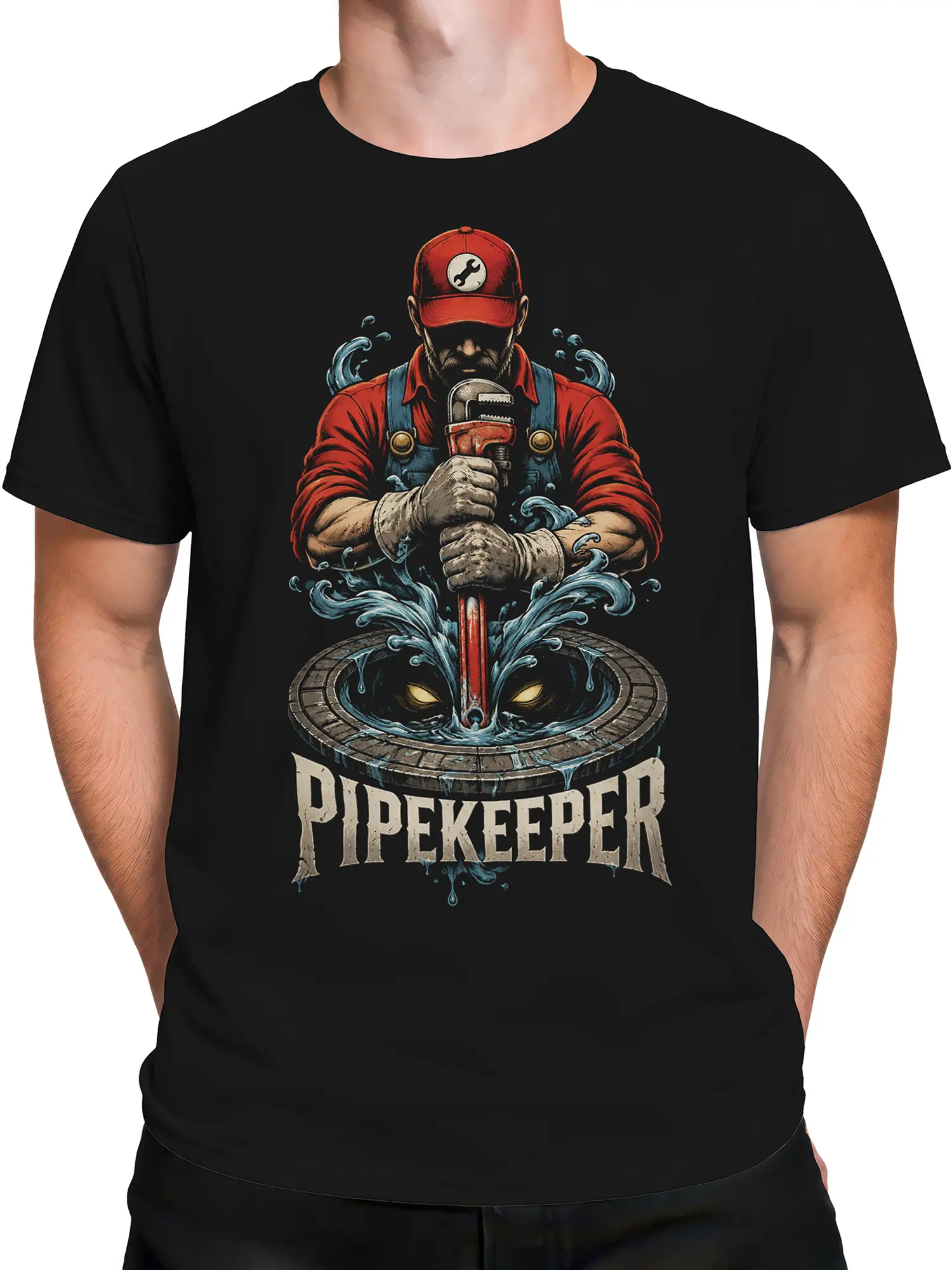 Male torso wearing black Pipekeeper plumber shirt with wrench, rushing water, and sewer creature graphic