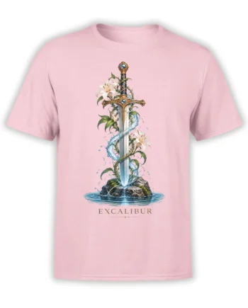 Pink fantasy T-shirt with an ornate sword rising from rocks, water, vines, flowers, and legendary lettering