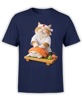 Two sleepy cats in a sushi scene printed on a navy cat graphic T-shirt