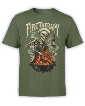 Green T-shirt with skeleton chef grilling steak over flames and Fire Therapy text