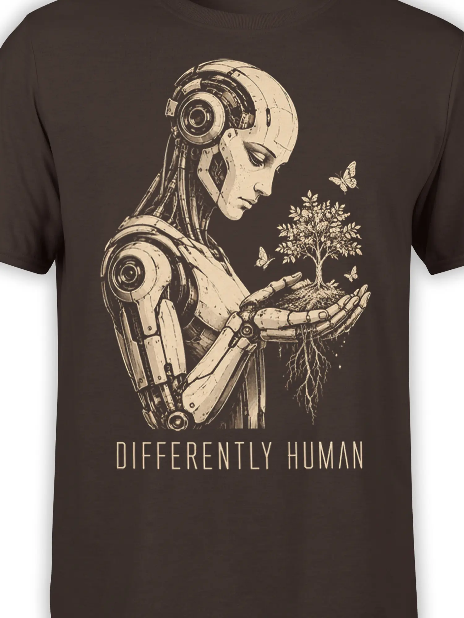 Close-up of the robot, tree, roots, and butterflies printed on the brown Machine Garden T-shirt