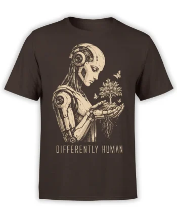 Brown robot T-shirt with a mechanical humanoid holding a rooted tree, butterflies, and “Differently Human” text