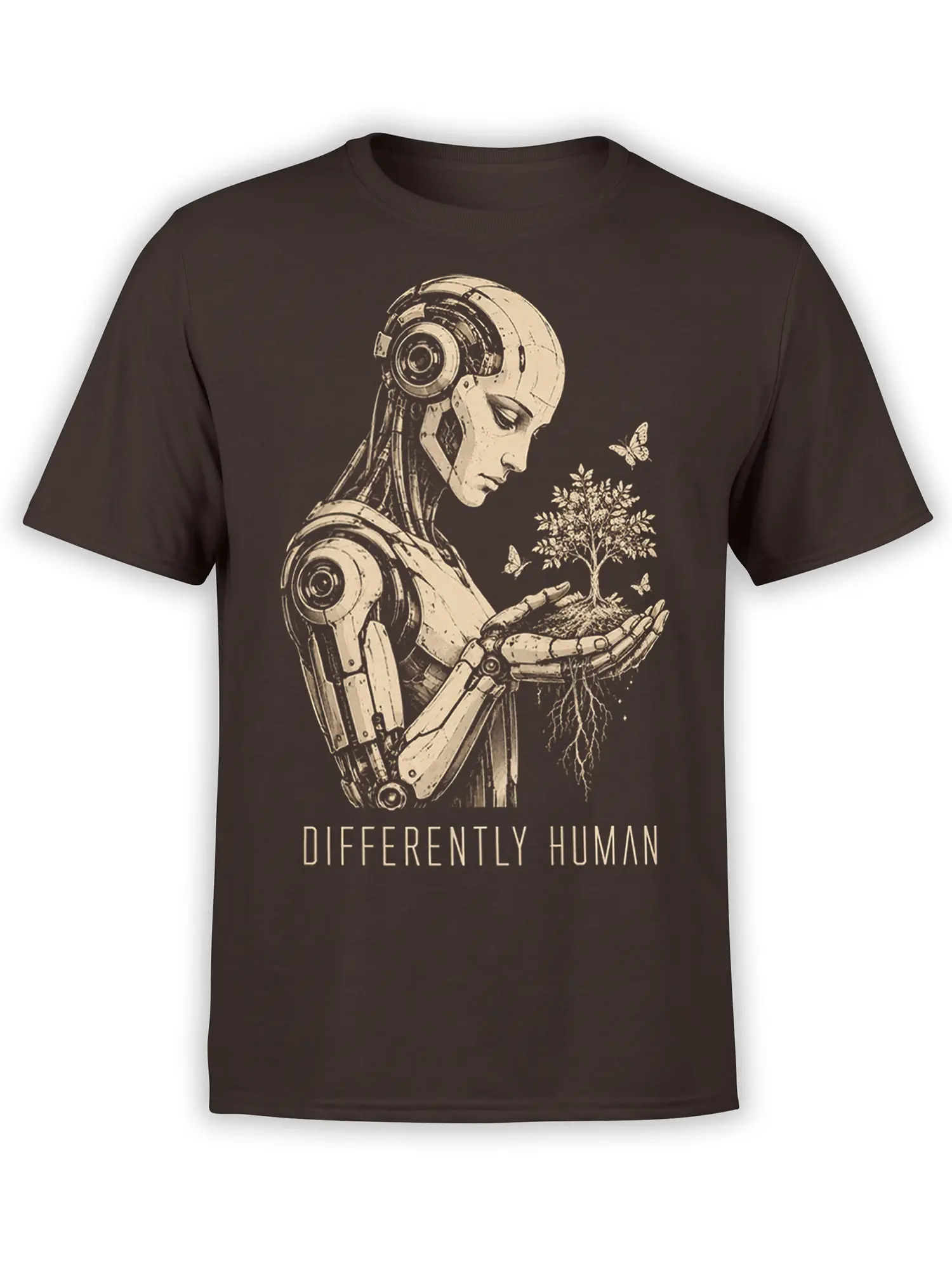 Brown robot T-shirt with a mechanical humanoid holding a rooted tree, butterflies, and “Differently Human” text