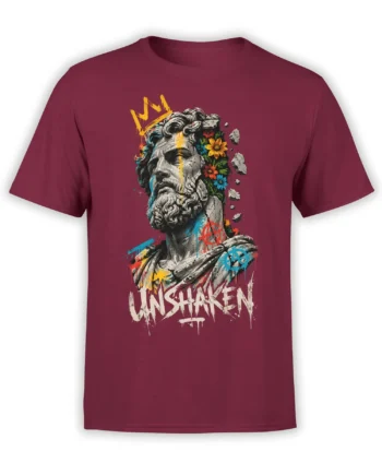 Bearded classical statue with flowers and UNSHAKEN lettering on a burgundy artistic graphic T-shirt