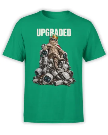 Green T-shirt with a crowned cat in sunglasses and cape sitting on a pile of defeated robots