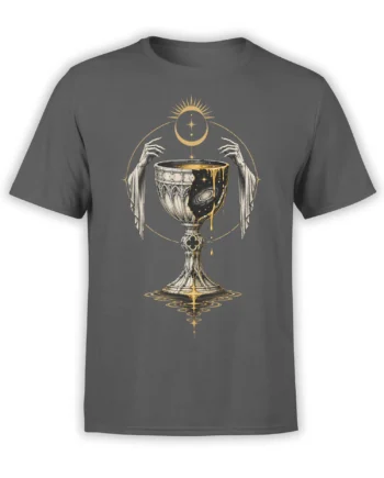 Gray T-shirt featuring an ornate cosmic chalice with galaxy details, golden drips, moon, stars, and skeletal hands