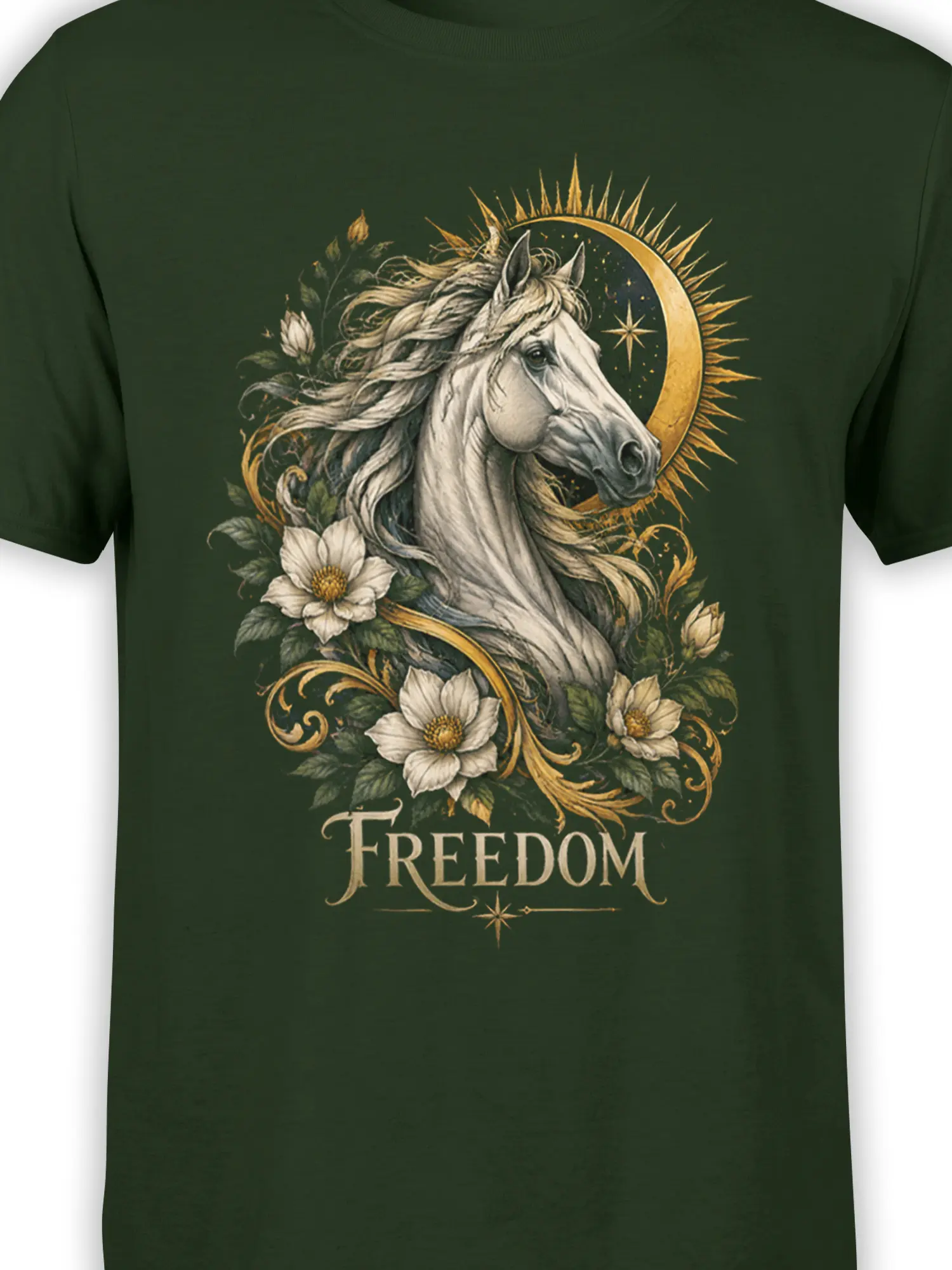 Close-up of white unicorn artwork with flowers, stars, golden rays, and FREEDOM text on a green shirt