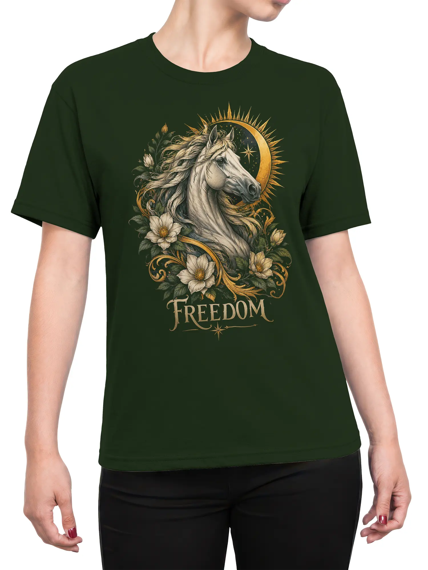 Female torso wearing a green unicorn T-shirt with floral details, celestial rays, stars, and FREEDOM artwork