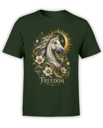 Green T-shirt with a detailed white unicorn, flowers, celestial rays, stars, and FREEDOM lettering