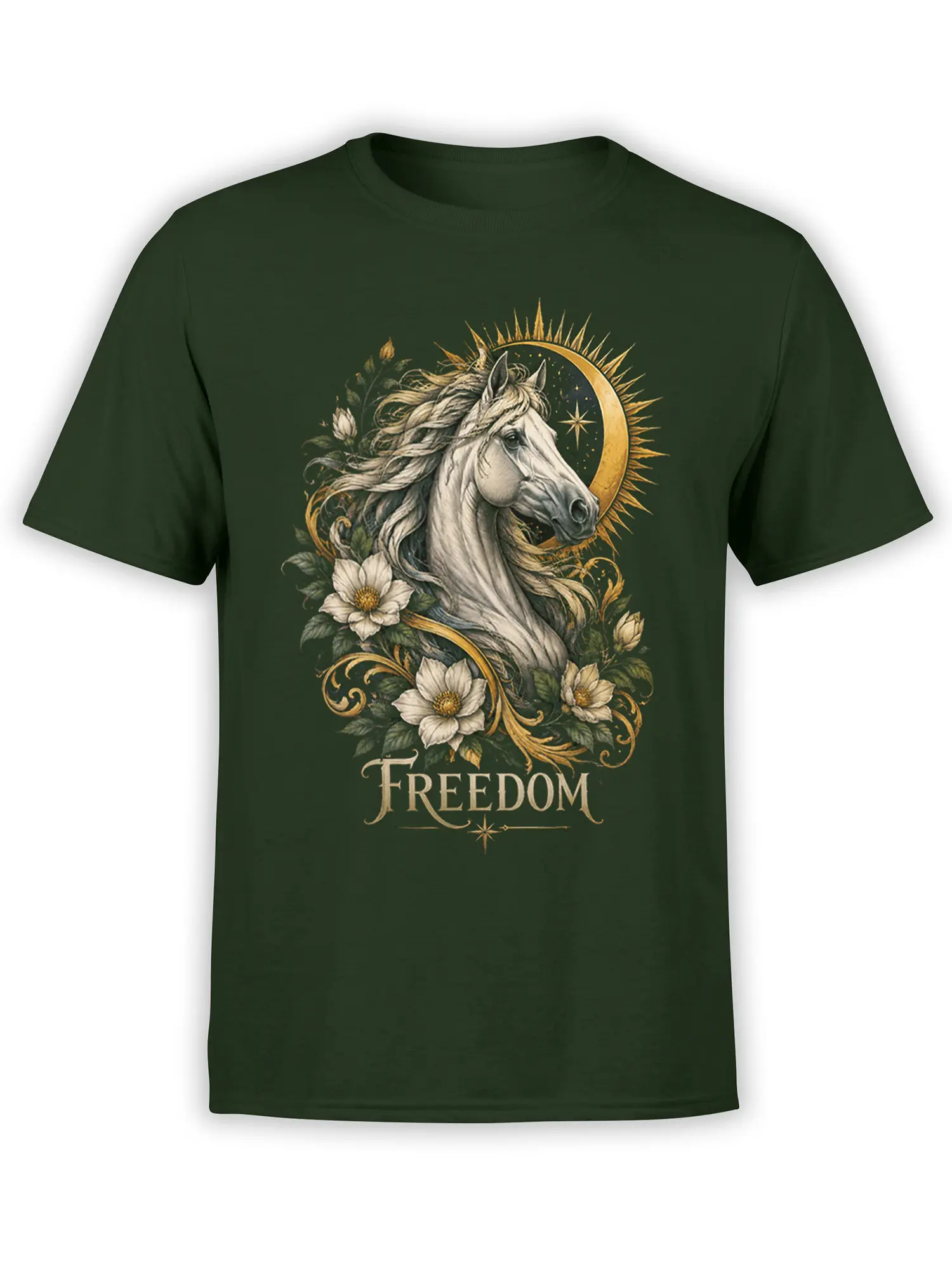 Green T-shirt with a detailed white unicorn, flowers, celestial rays, stars, and FREEDOM lettering