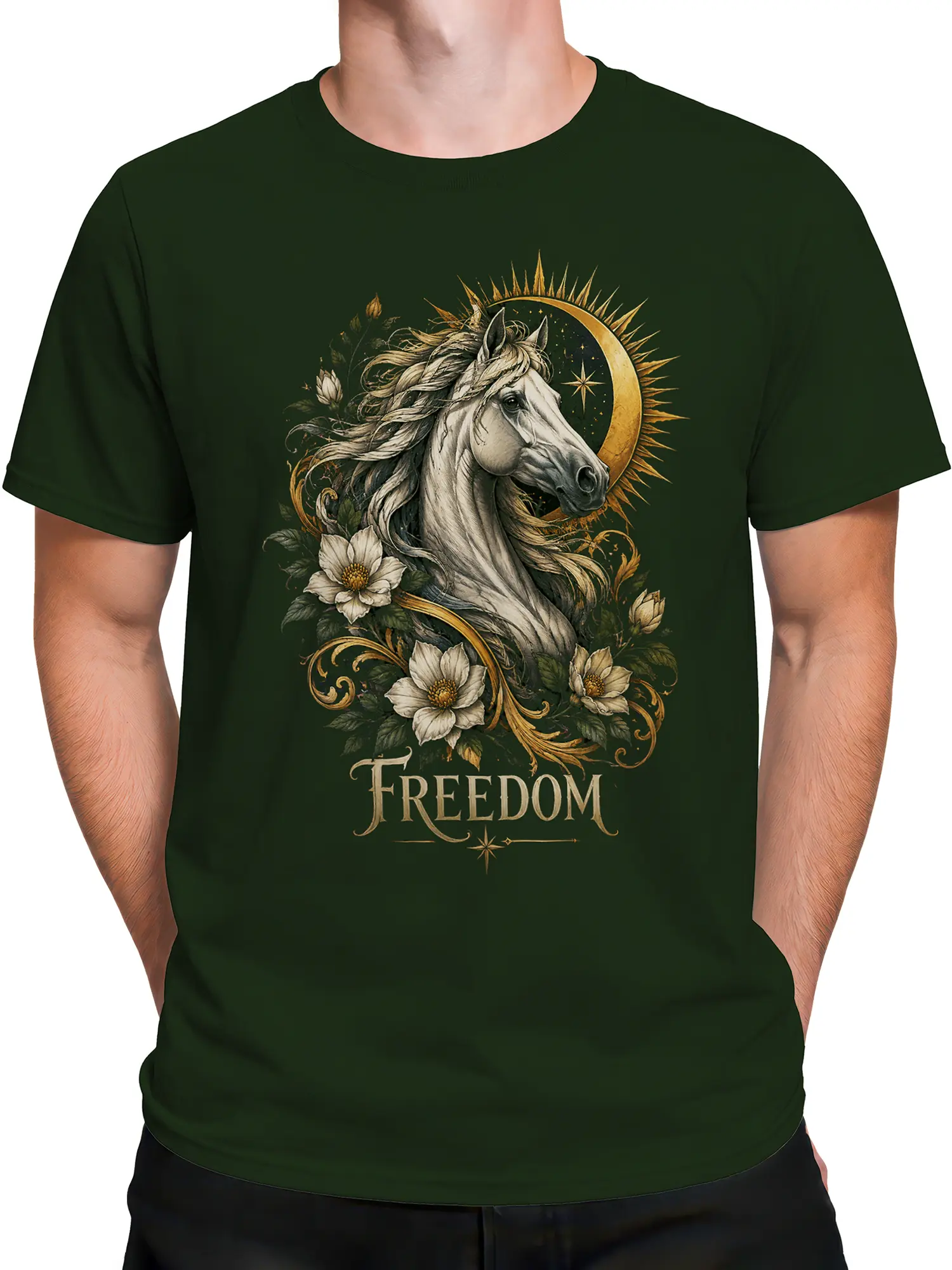 Male torso wearing a green unicorn T-shirt with flowers, celestial rays, stars, and FREEDOM lettering