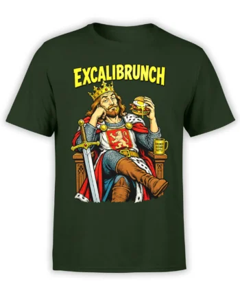 Dark green medieval t-shirt with a crowned warrior, burger, sword, and “Brunch Before Battle” mug