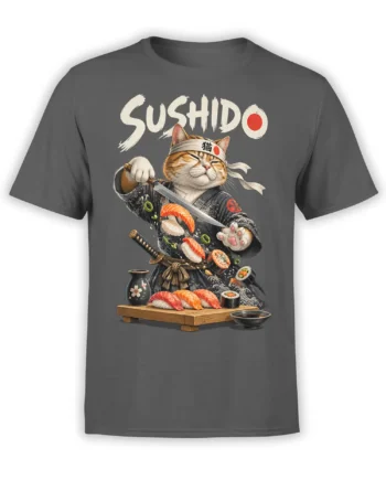 Gray T-shirt with a sword-wielding samurai cat, sushi spread, and bold SUSHIDO lettering