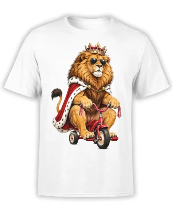 Crowned lion in sunglasses riding a red tricycle on a white T-shirt