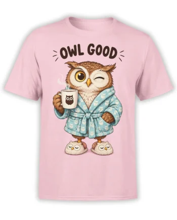 Pink T-shirt with a cozy brown owl in a blue robe, slippers, steaming mug, and “OWL GOOD” lettering