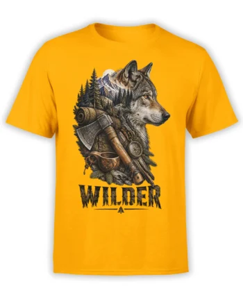Orange T-shirt with a detailed gray wolf, mountain wilderness scene, axe, compass, and WILDER text