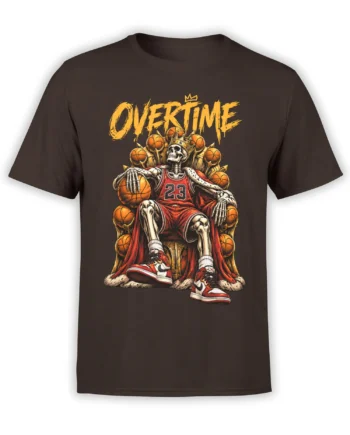 Brown basketball T-shirt with crowned skeleton, basketball throne, red number 23 jersey, and OVERTIME lettering
