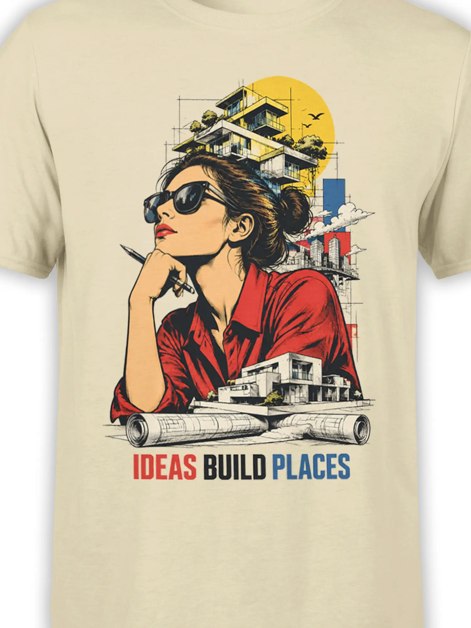 Close-up of architect graphic with woman in sunglasses, blueprints, city buildings, and Ideas Build Places text