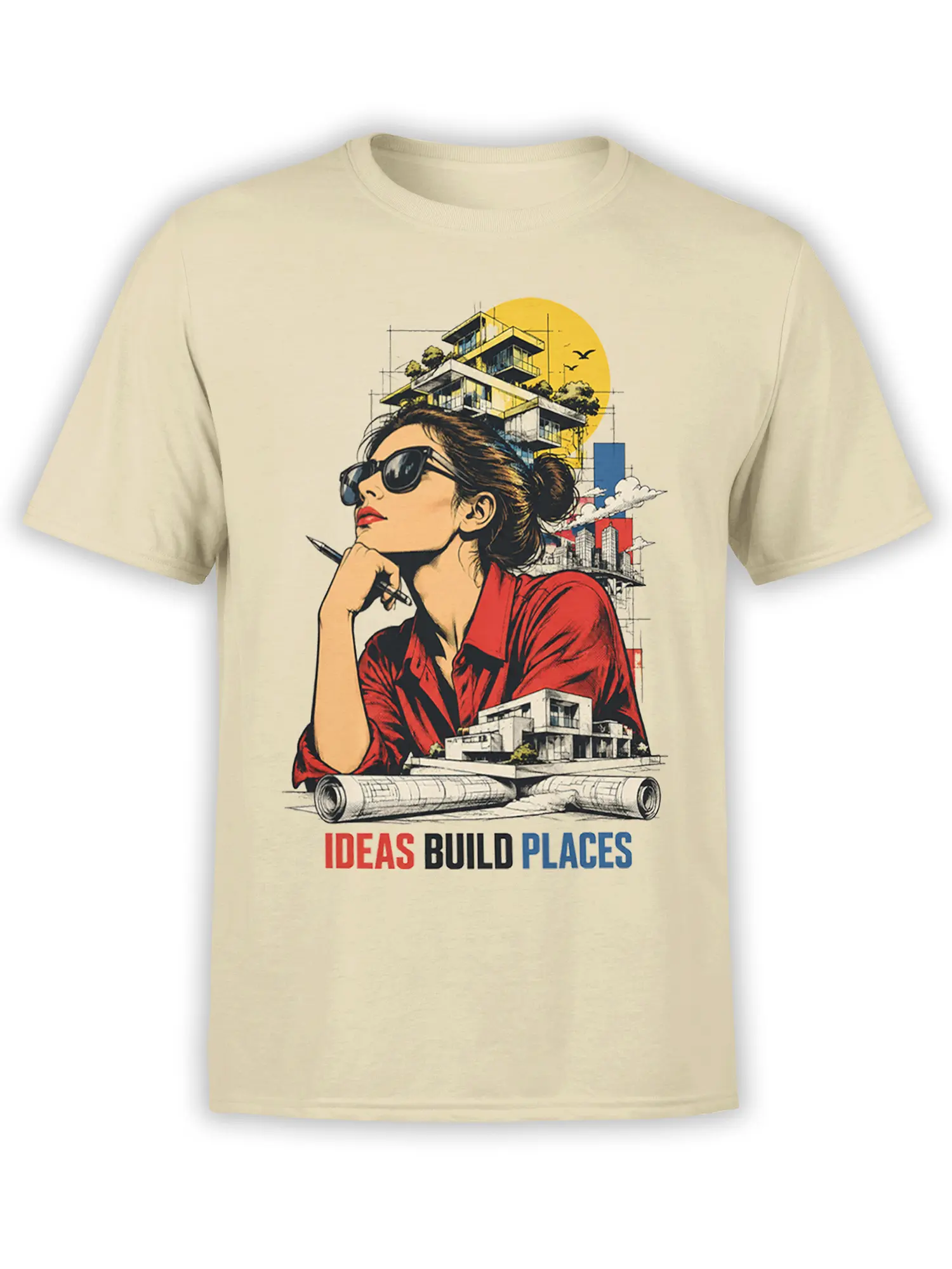 Beige architect T-shirt with stylish woman, blueprints, modern buildings, and Ideas Build Places graphic