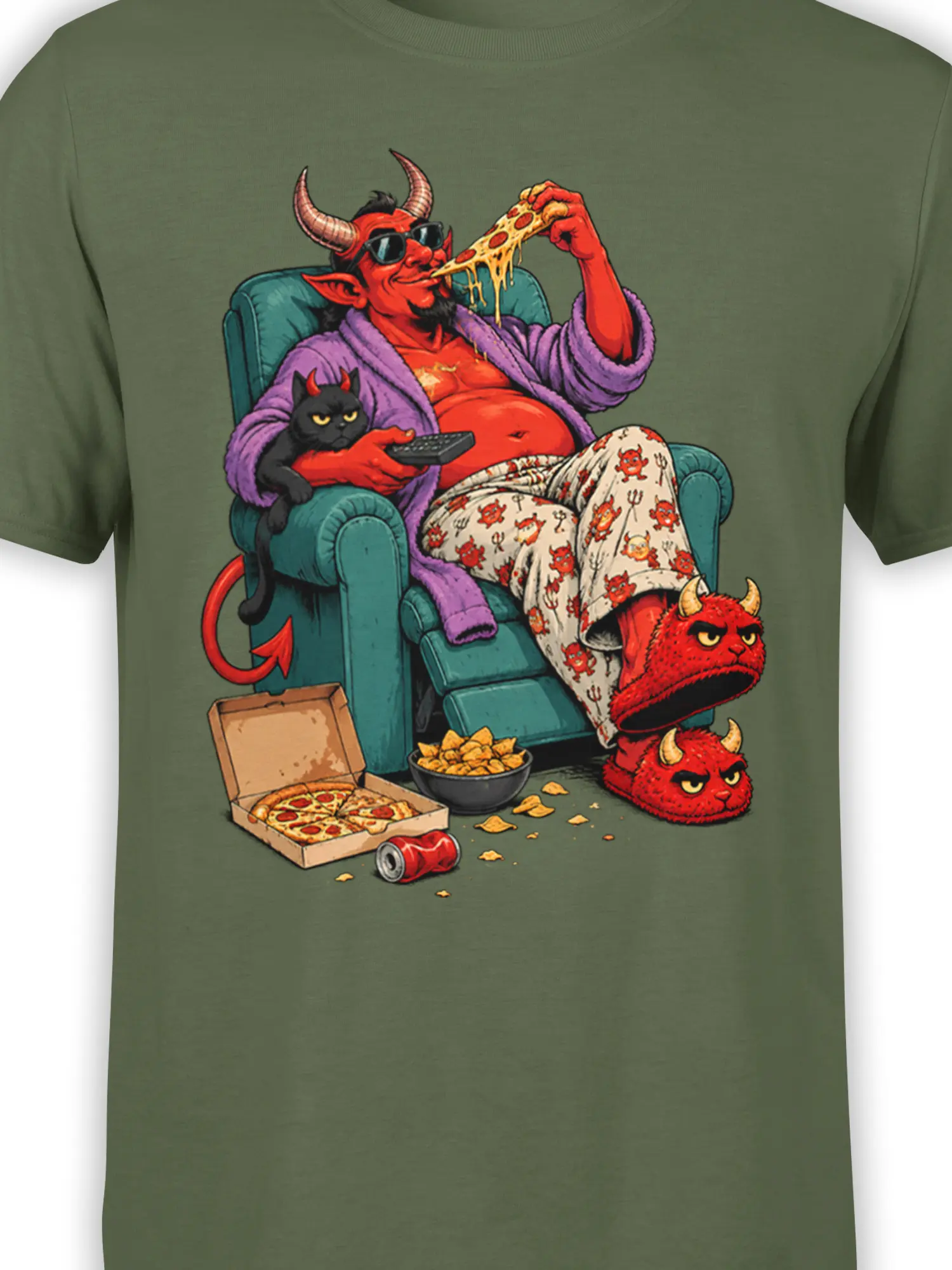 Close-up of red devil eating pizza with a black cat on a green graphic T-shirt