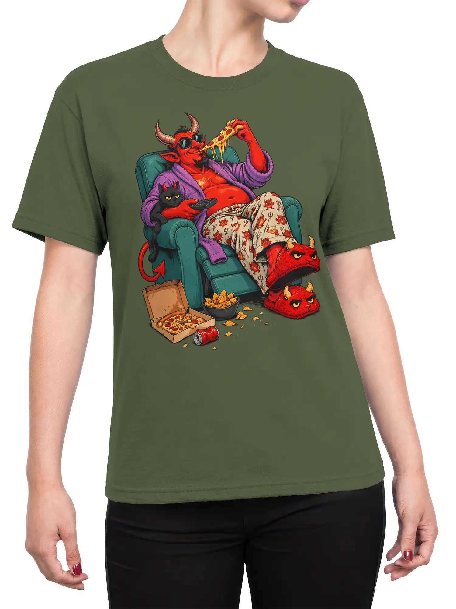 Female torso wearing a green T-shirt with a lounging devil, pizza, black cat, and red devil slippers