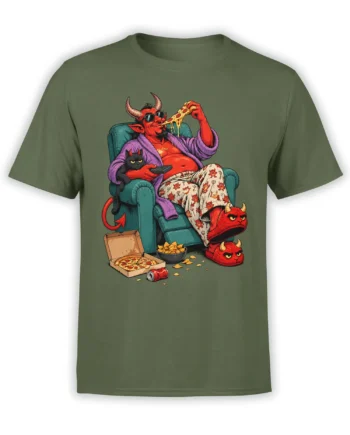 Green T-shirt with a lounging red devil eating pizza beside a black cat and devil slippers