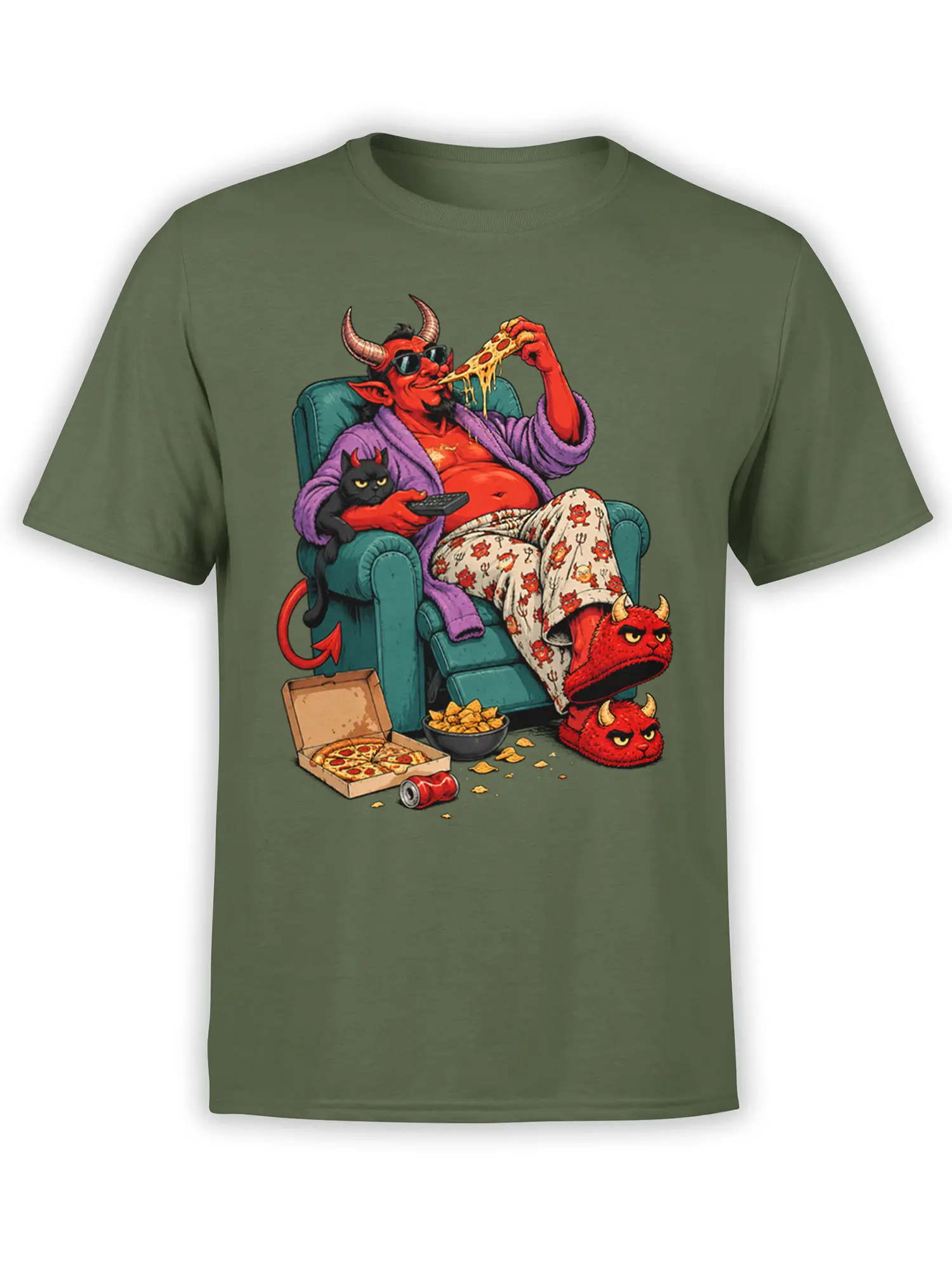 Green T-shirt with a lounging red devil eating pizza beside a black cat and devil slippers