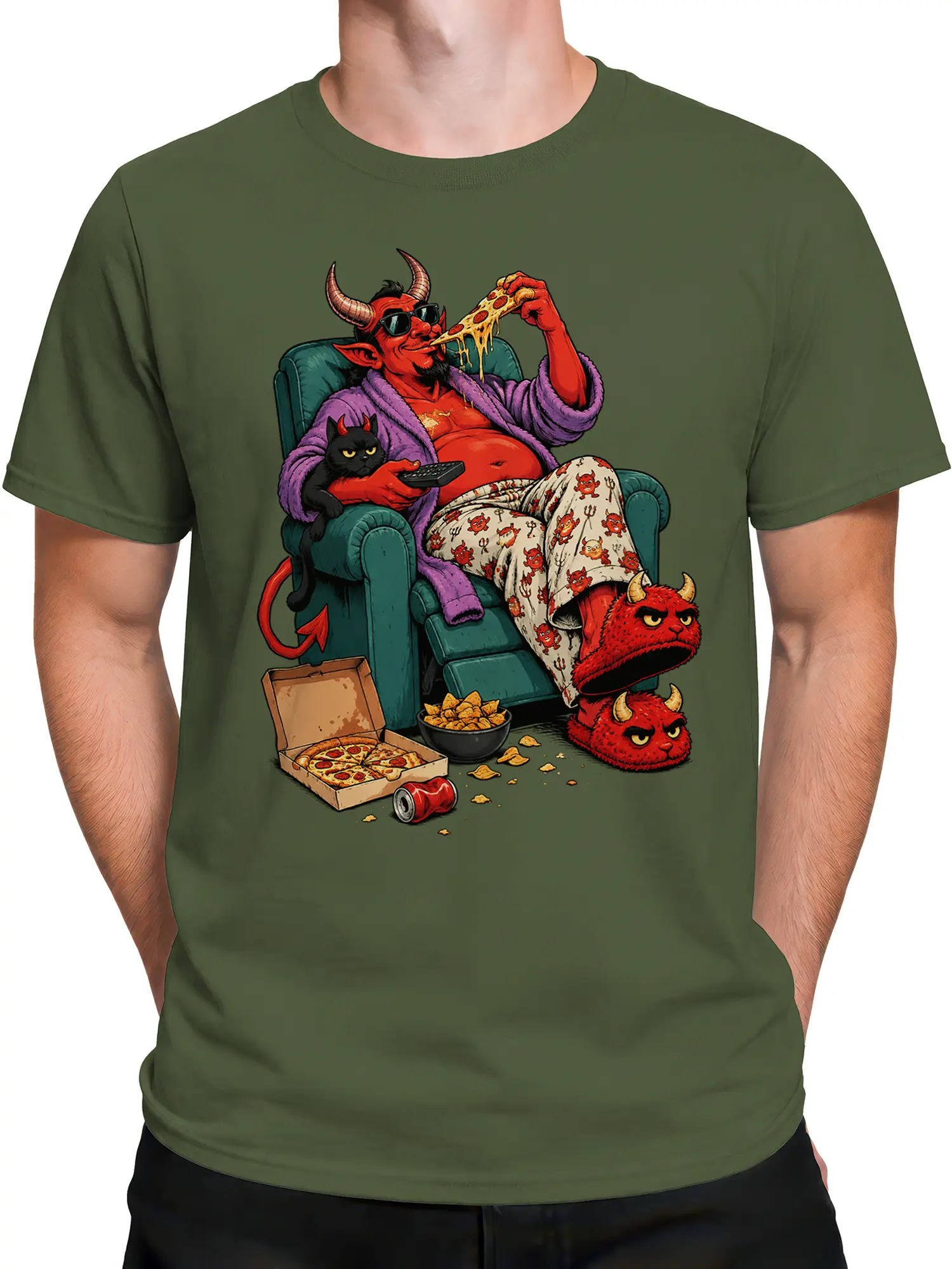 Male torso wearing a green T-shirt with a lounging red devil pizza graphic and black cat