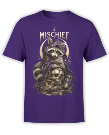 Purple T-shirt with a hooded raccoon, skull, books, coins, hourglass, and distressed MISCHIEF lettering