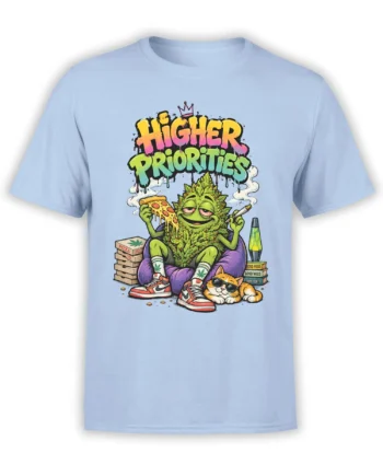 High Priorities graphic tee with crowned green character, pizza, lava lamp, and sunglasses cat on a light blue shirt