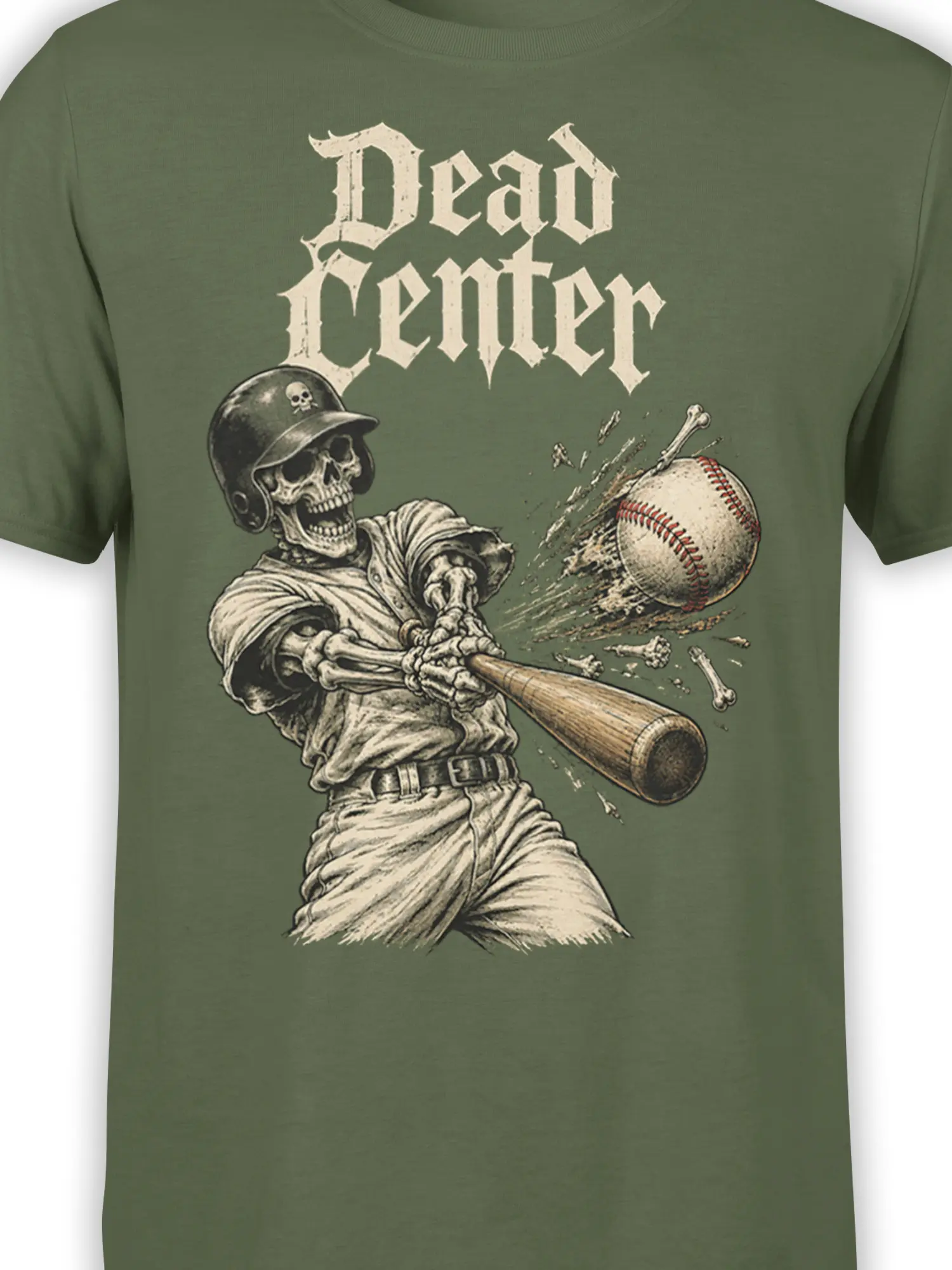 Close-up of the skeleton batter, wooden bat, shattered baseball, and Dead Center lettering on a green shirt