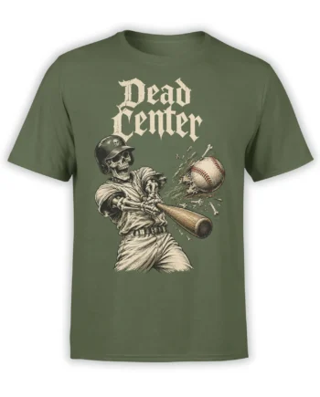Dead Center skeleton baseball design with a grinning batter and shattered ball on a green T-shirt