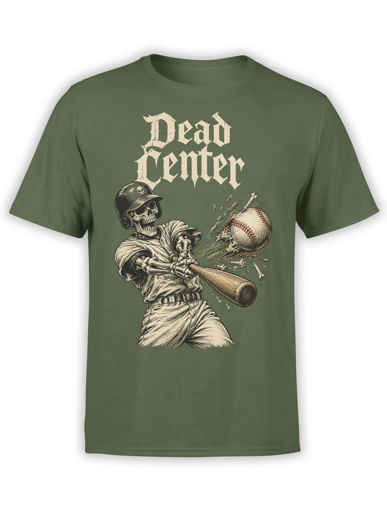 Dead Center skeleton baseball design with a grinning batter and shattered ball on a green T-shirt