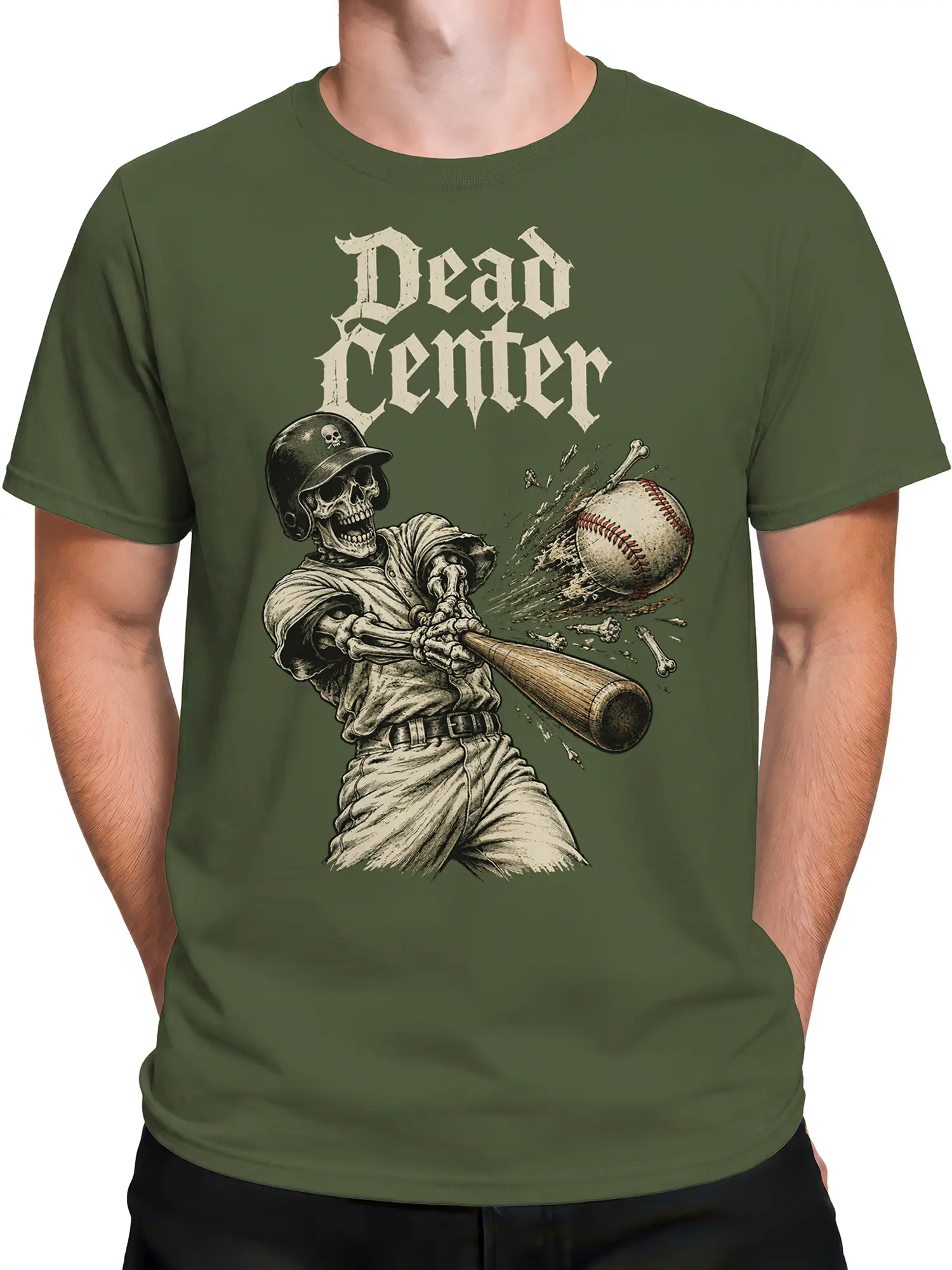 Male torso wearing a green Dead Center T-shirt with a skeleton batter and shattered baseball graphic