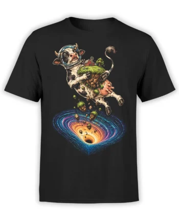 Black T-shirt with a spotted cow astronaut carrying a floating farm above a colorful cosmic vortex
