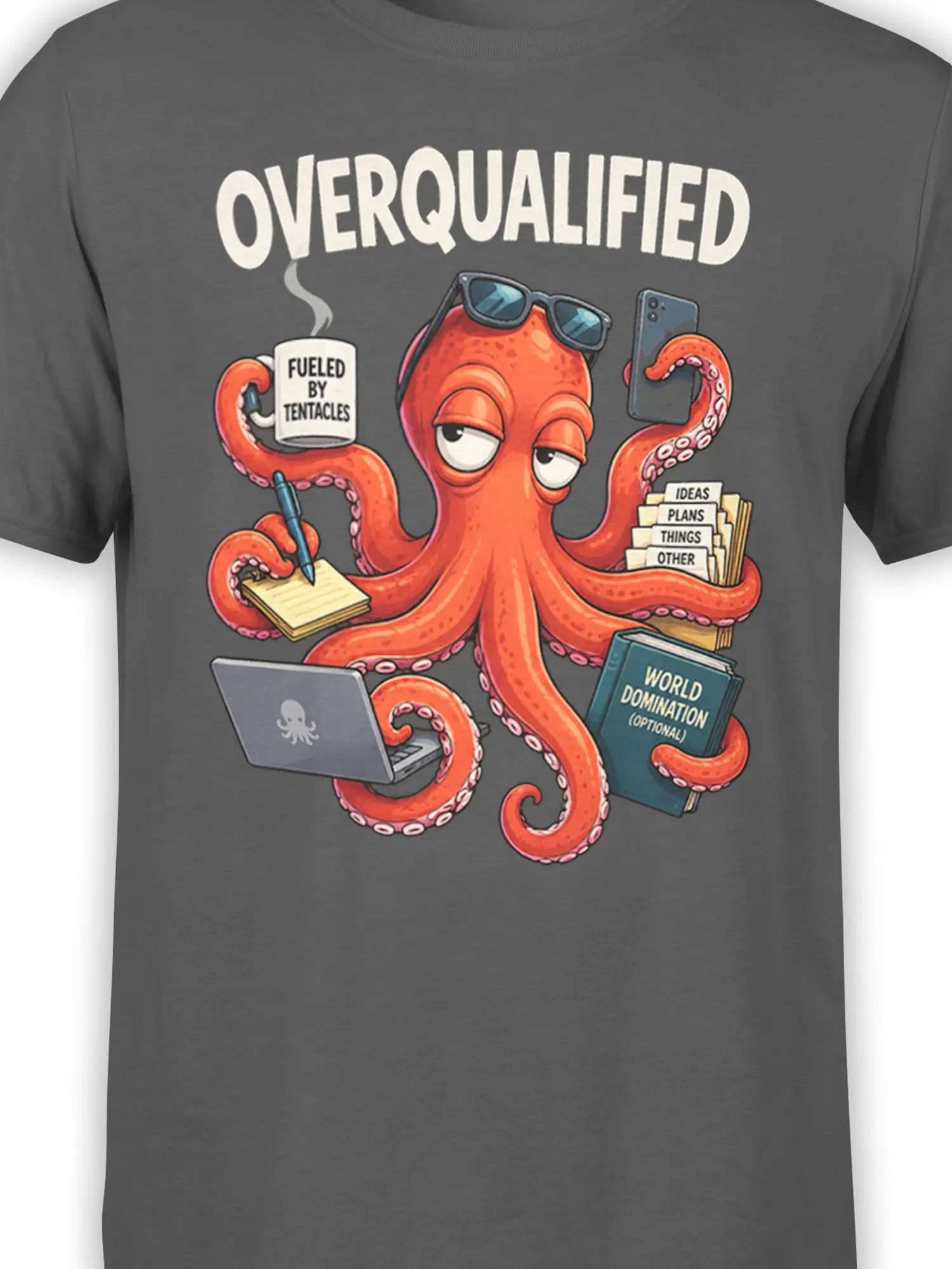 Close-up of colorful overqualified octopus artwork with coffee mug, laptop, phone, folders, and tentacles