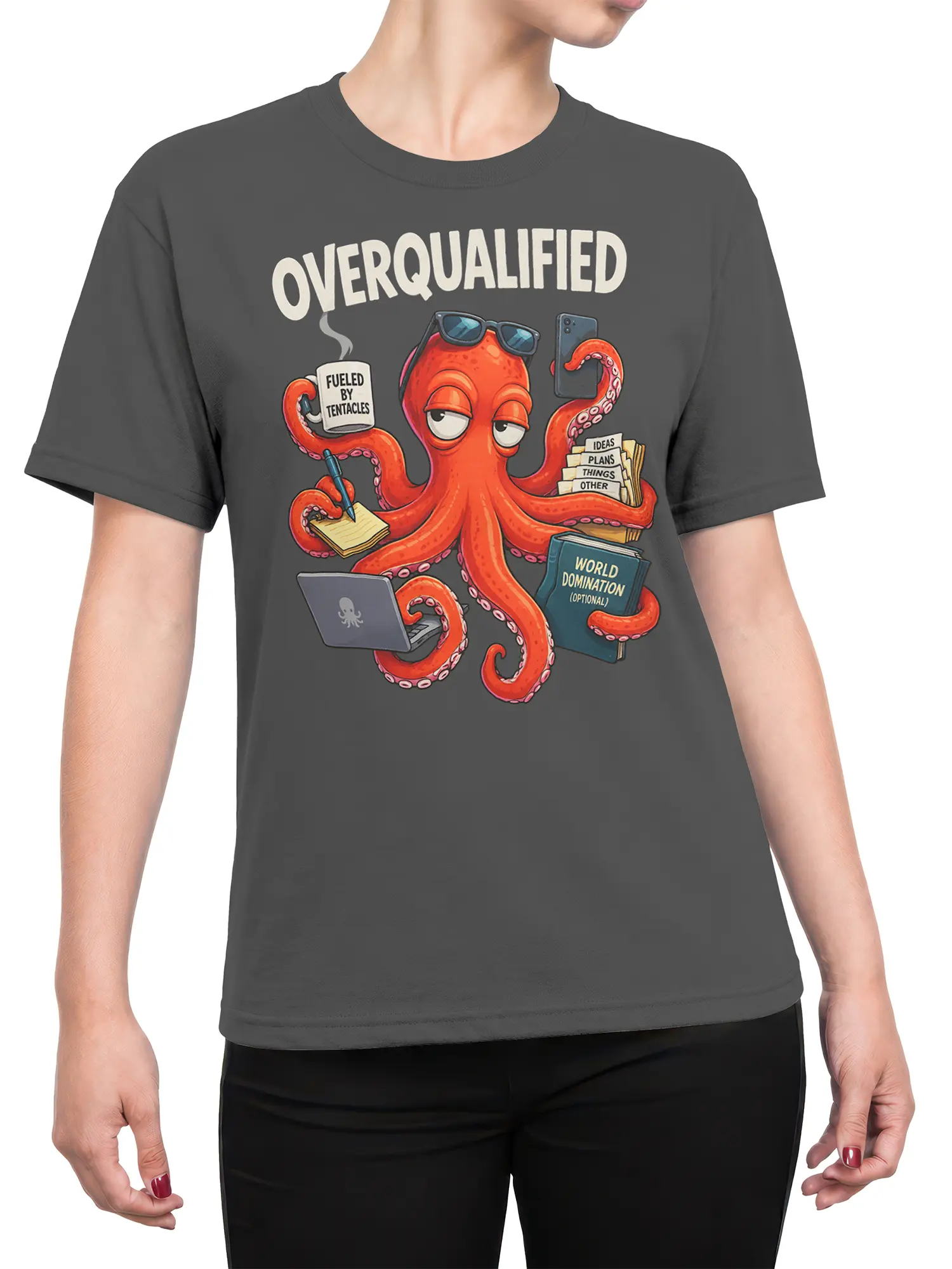 Female torso wearing a gray octopus T-shirt with colorful office humor artwork and Overqualified lettering